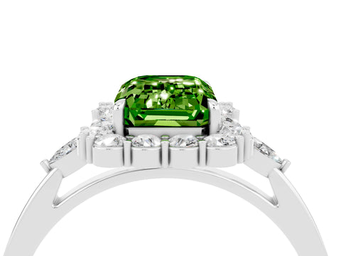 White gold Emerald Cut Peridot Halo Ring with Pear Side Stones and Prong Setting_28