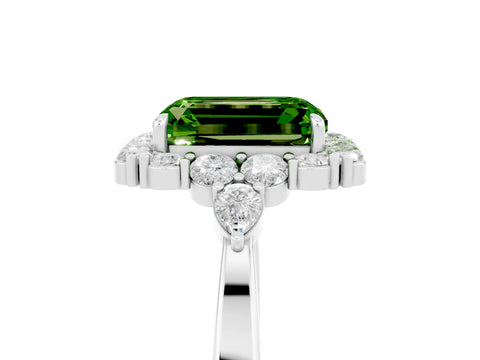White gold Emerald Cut Peridot Halo Ring with Pear Side Stones and Prong Setting_29