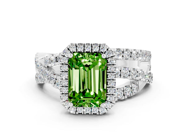 Platinum Emerald Cut Peridot Halo Ring with Round Split Shank and Prong Setting