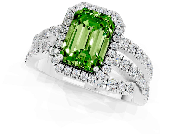 Platinum Emerald Cut Peridot Halo Ring with Round Split Shank and Prong Setting