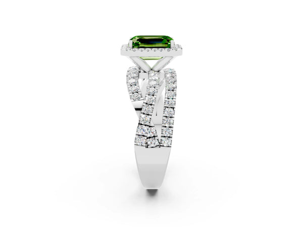 Platinum Emerald Cut Peridot Halo Ring with Round Split Shank and Prong Setting