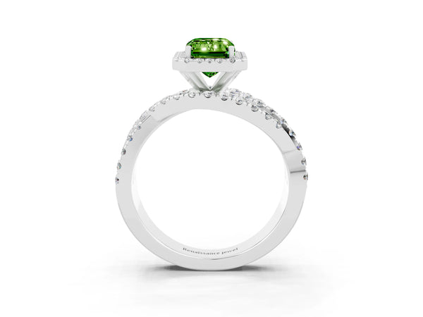 Platinum Emerald Cut Peridot Halo Ring with Round Split Shank and Prong Setting