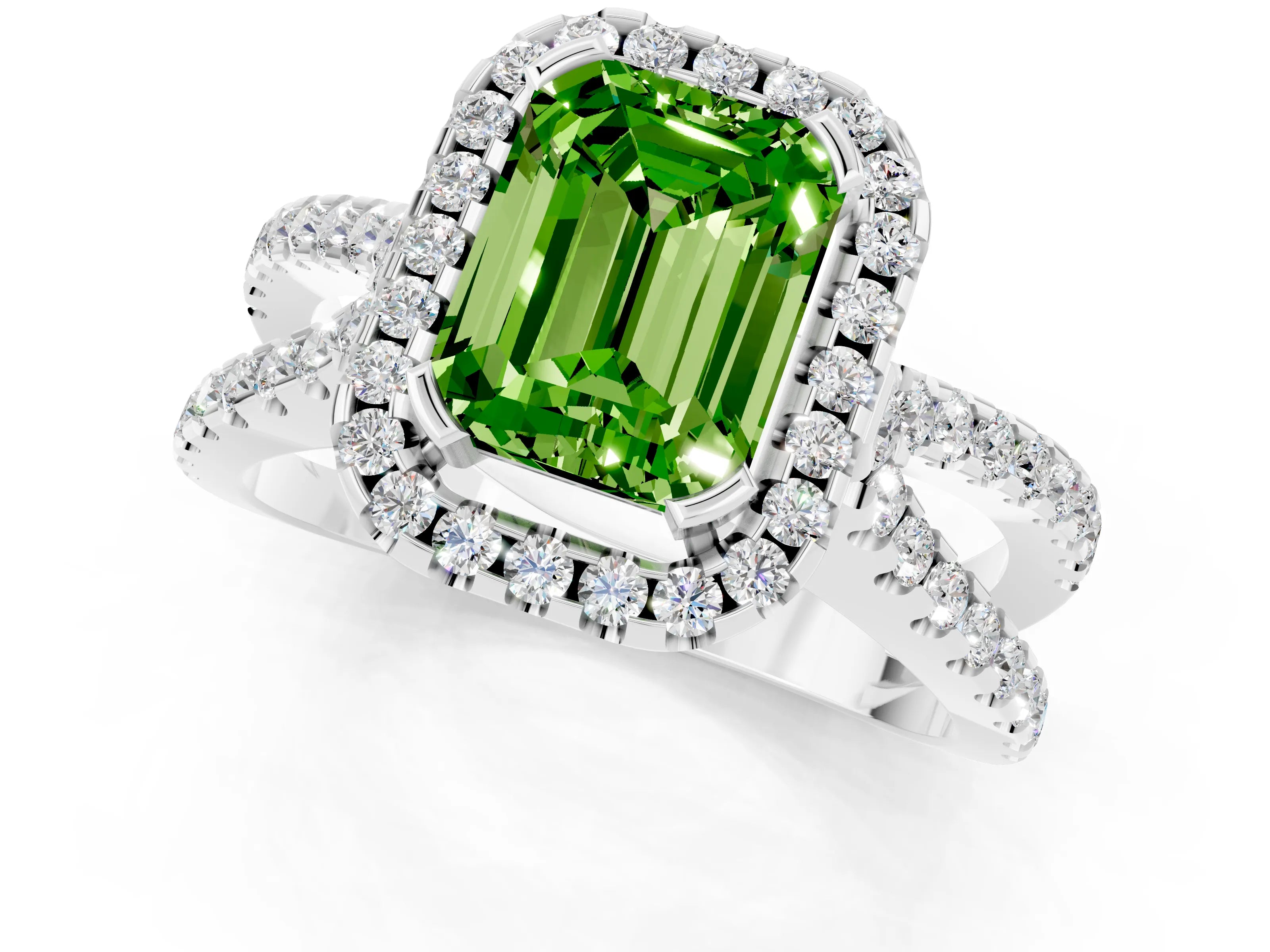 White gold Emerald Cut Peridot Halo Ring with Split Shank Pavé Band and Prong Setting_1