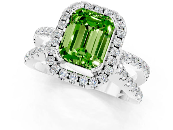 White gold Emerald Cut Peridot Halo Ring with Split Shank Pavé Band and Prong Setting