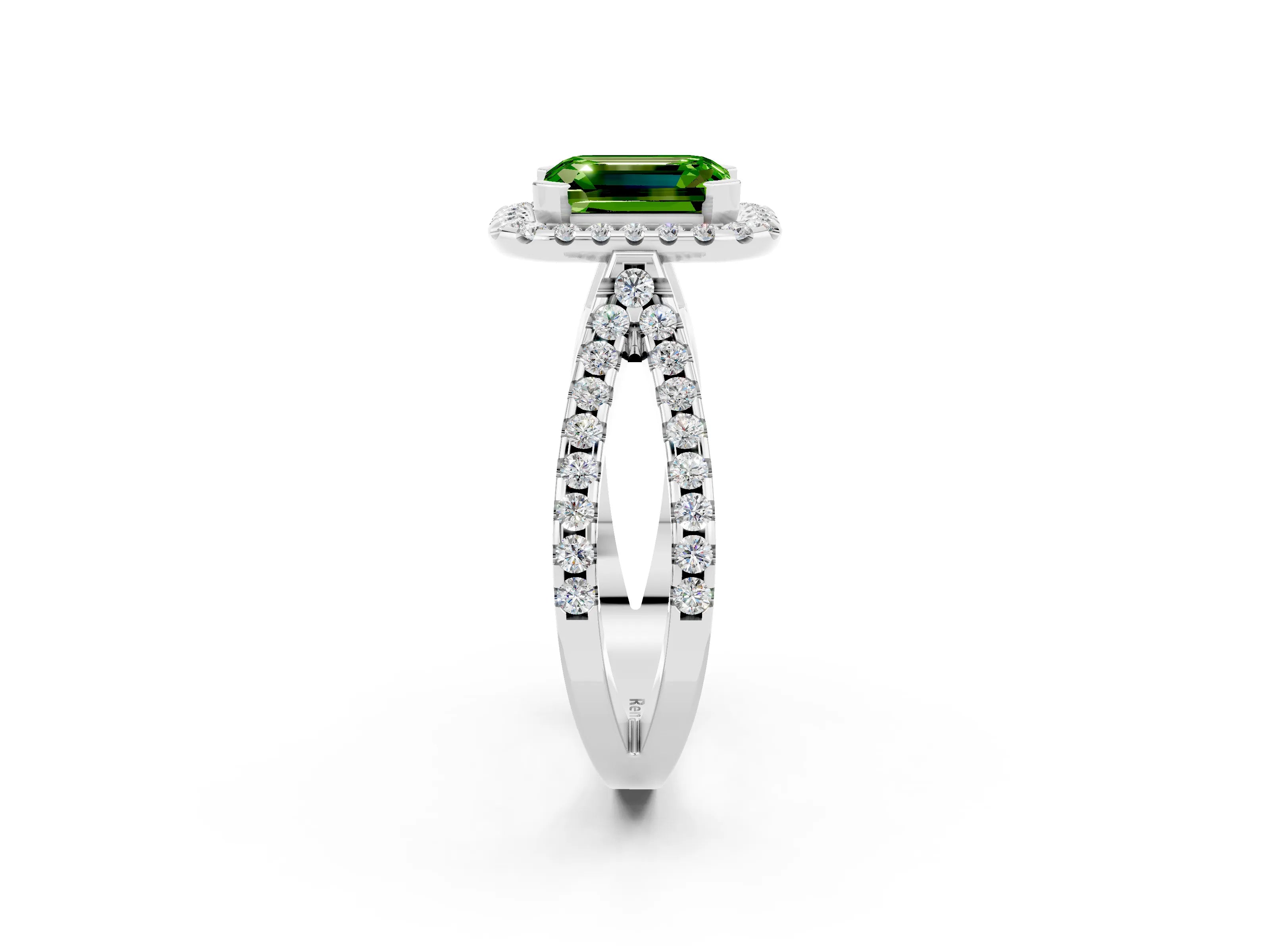 White gold Emerald Cut Peridot Halo Ring with Split Shank Pavé Band and Prong Setting_2
