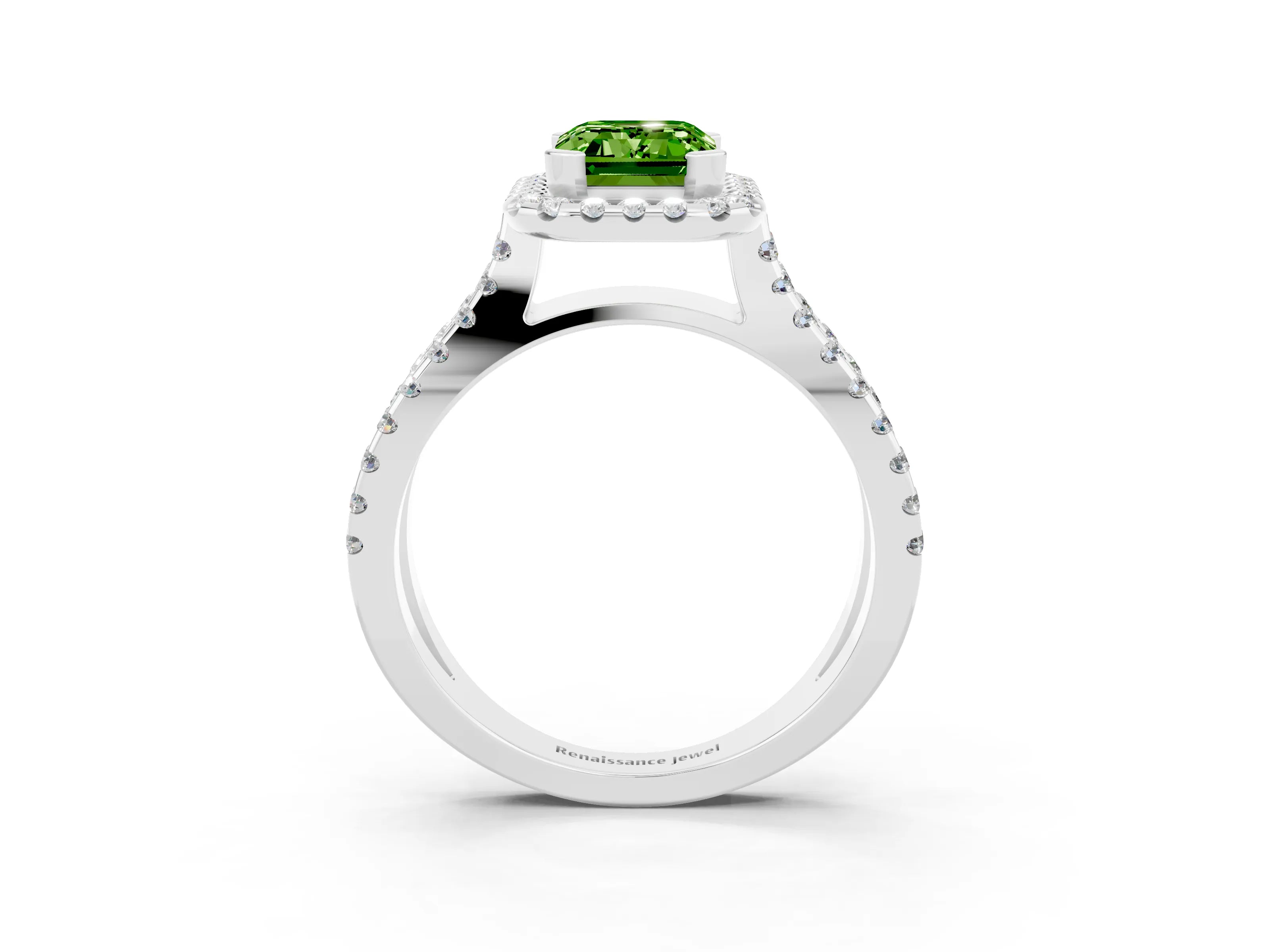 White gold Emerald Cut Peridot Halo Ring with Split Shank Pavé Band and Prong Setting_3