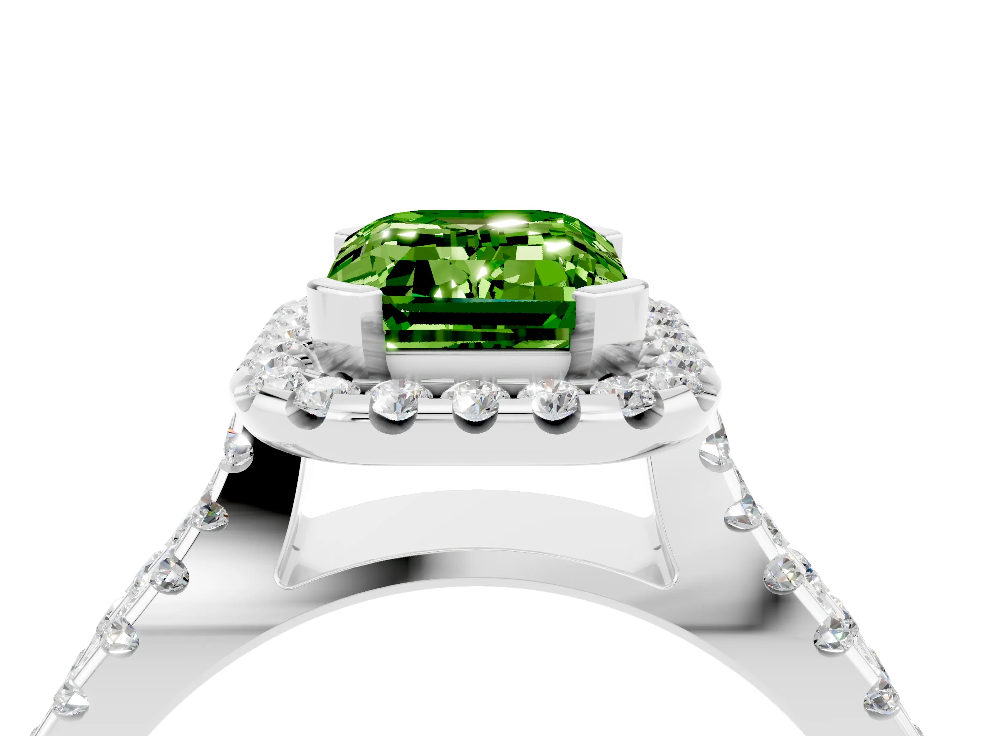 White gold Emerald Cut Peridot Halo Ring with Split Shank Pavé Band and Prong Setting_4