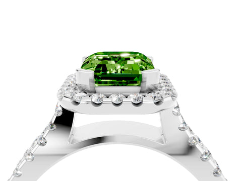White gold Emerald Cut Peridot Halo Ring with Split Shank Pavé Band and Prong Setting_4