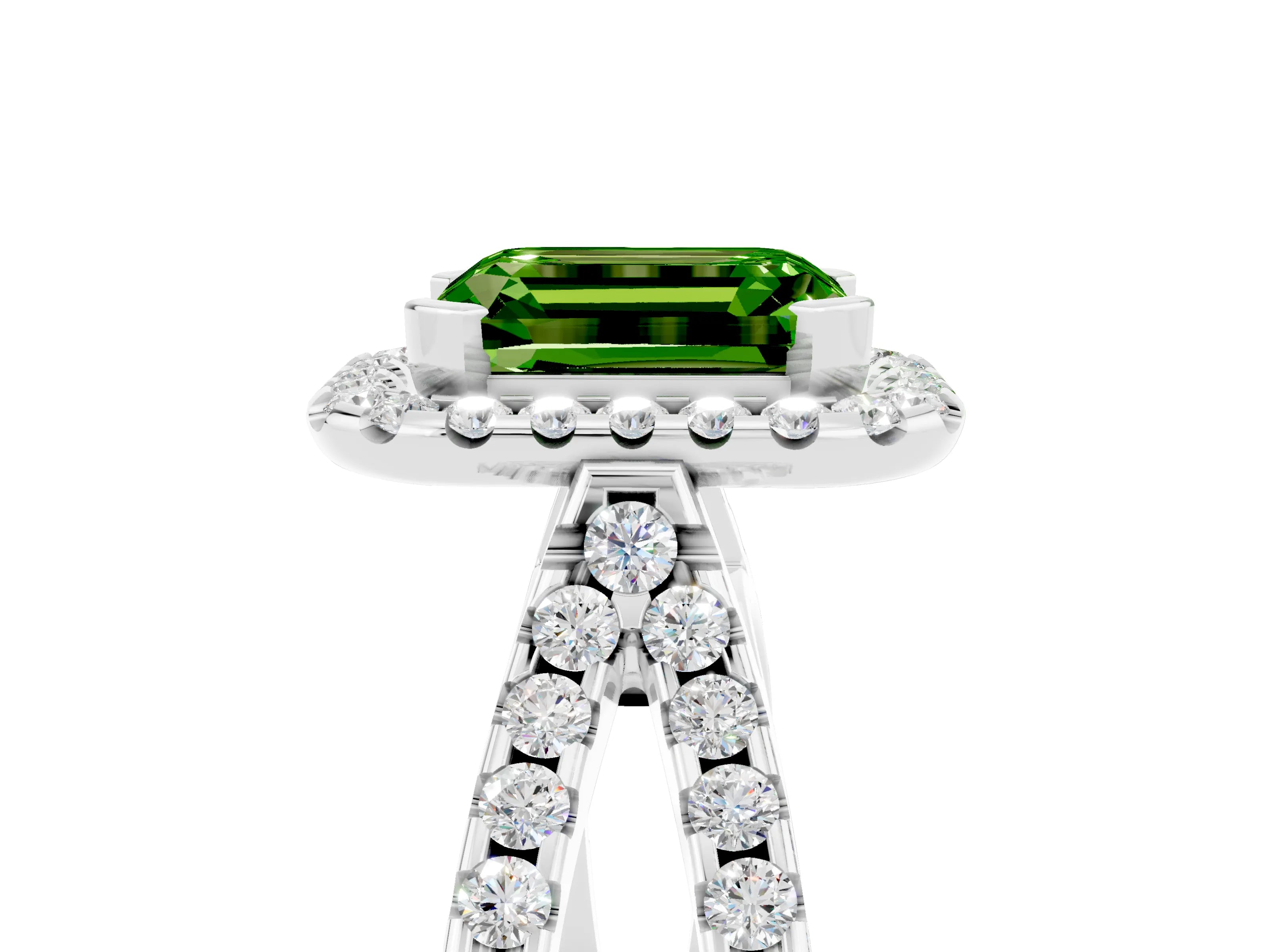 White gold Emerald Cut Peridot Halo Ring with Split Shank Pavé Band and Prong Setting_5