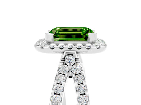 White gold Emerald Cut Peridot Halo Ring with Split Shank Pavé Band and Prong Setting_5