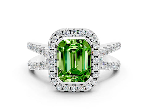 White gold Emerald Cut Peridot Halo Ring with Split Shank Pavé Band and Prong Setting