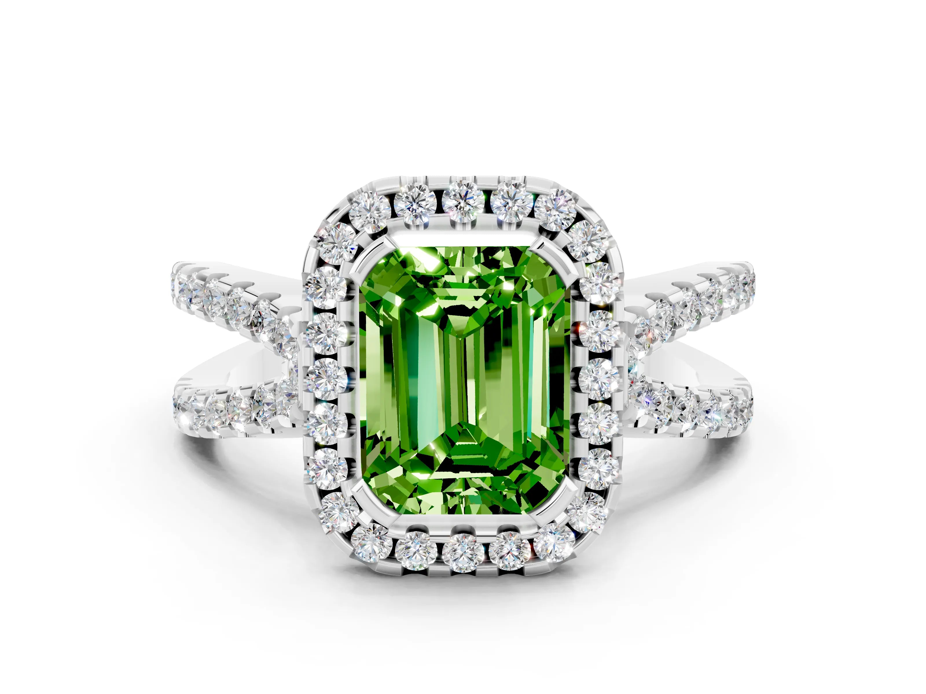 White gold Emerald Cut Peridot Halo Ring with Split Shank Pavé Band and Prong Setting