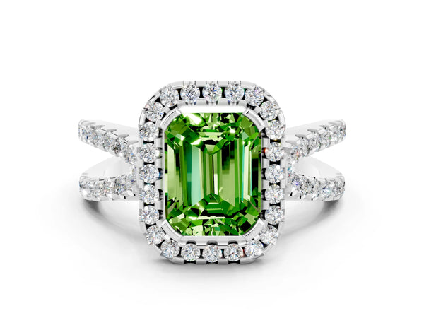 Silver Emerald Cut Peridot Halo Ring with Split Shank Pavé Band and Prong Setting