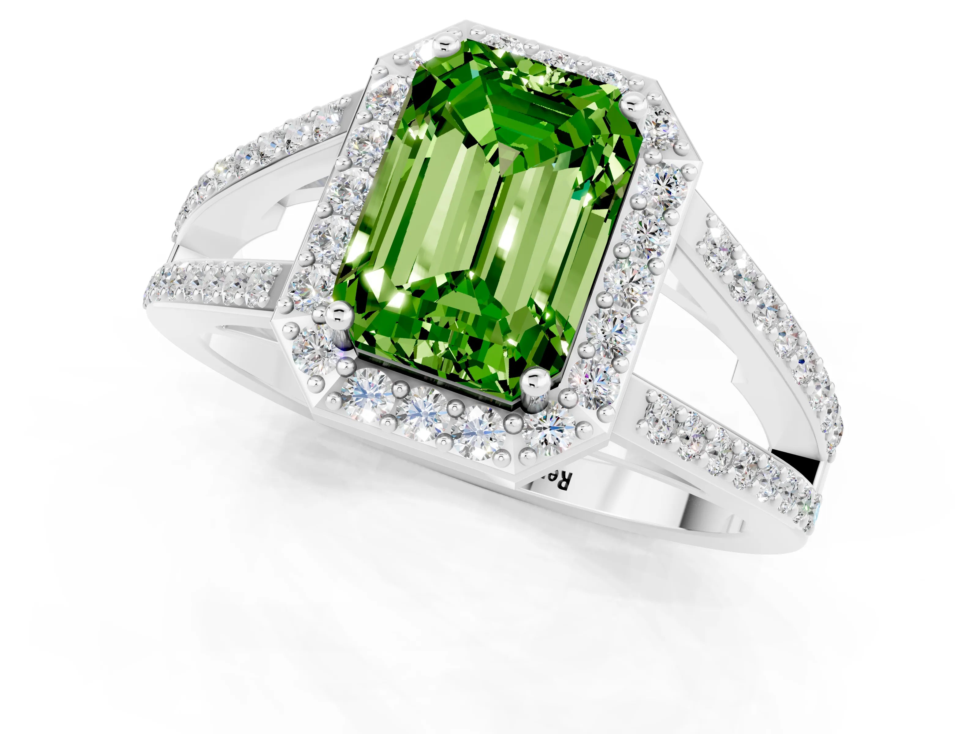 White gold Emerald Cut Peridot Halo Ring with Split Shank U-Prong Band and Four-Prong Setting_1