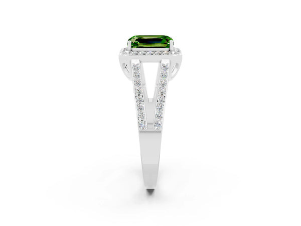 Platinum Emerald Cut Peridot Halo Ring with Split Shank U-Prong Band and Four-Prong Setting