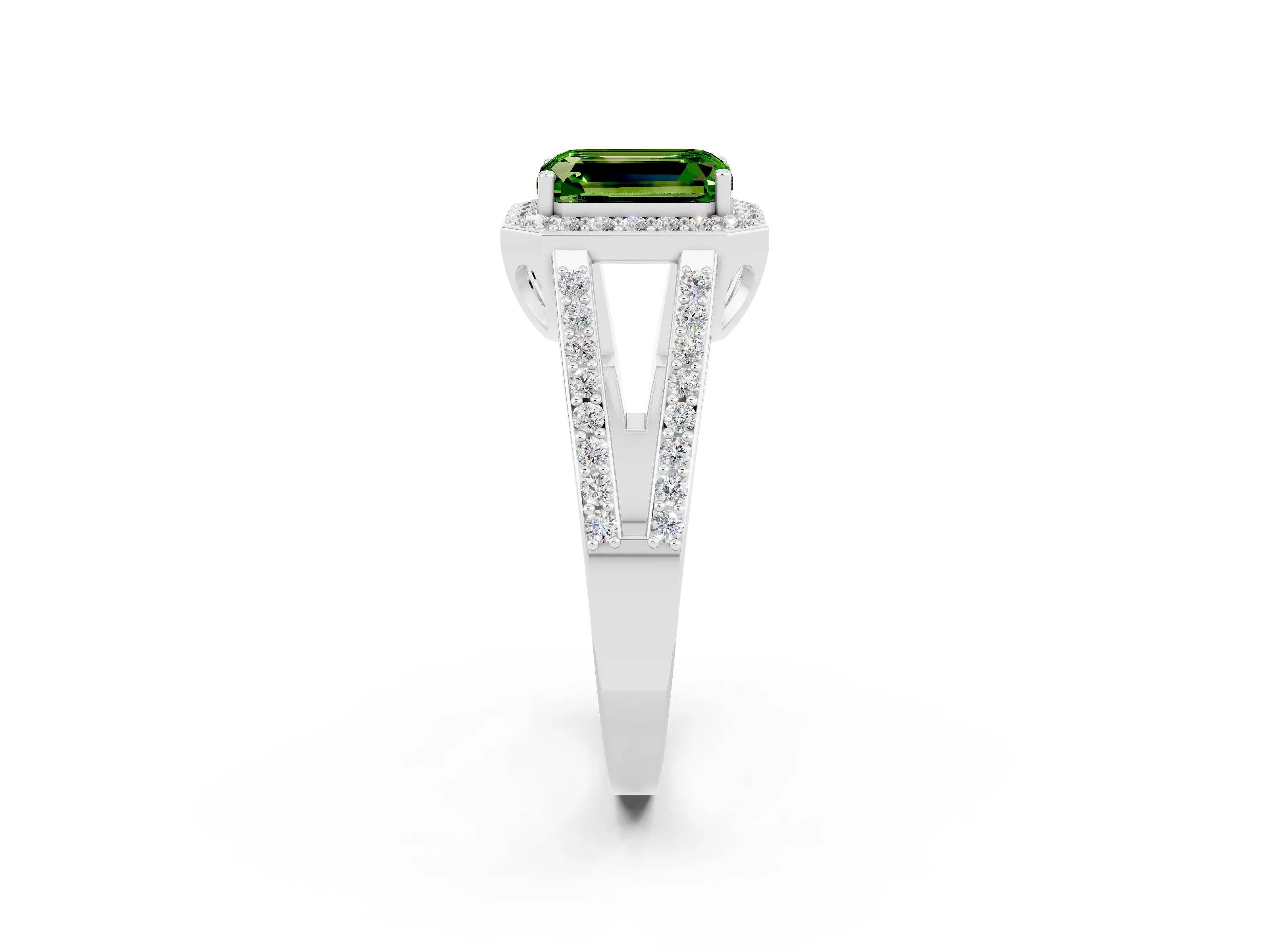White gold Emerald Cut Peridot Halo Ring with Split Shank U-Prong Band and Four-Prong Setting_2