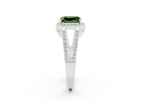 White gold Emerald Cut Peridot Halo Ring with Split Shank U-Prong Band and Four-Prong Setting_2