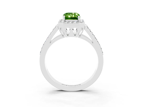 Platinum Emerald Cut Peridot Halo Ring with Split Shank U-Prong Band and Four-Prong Setting