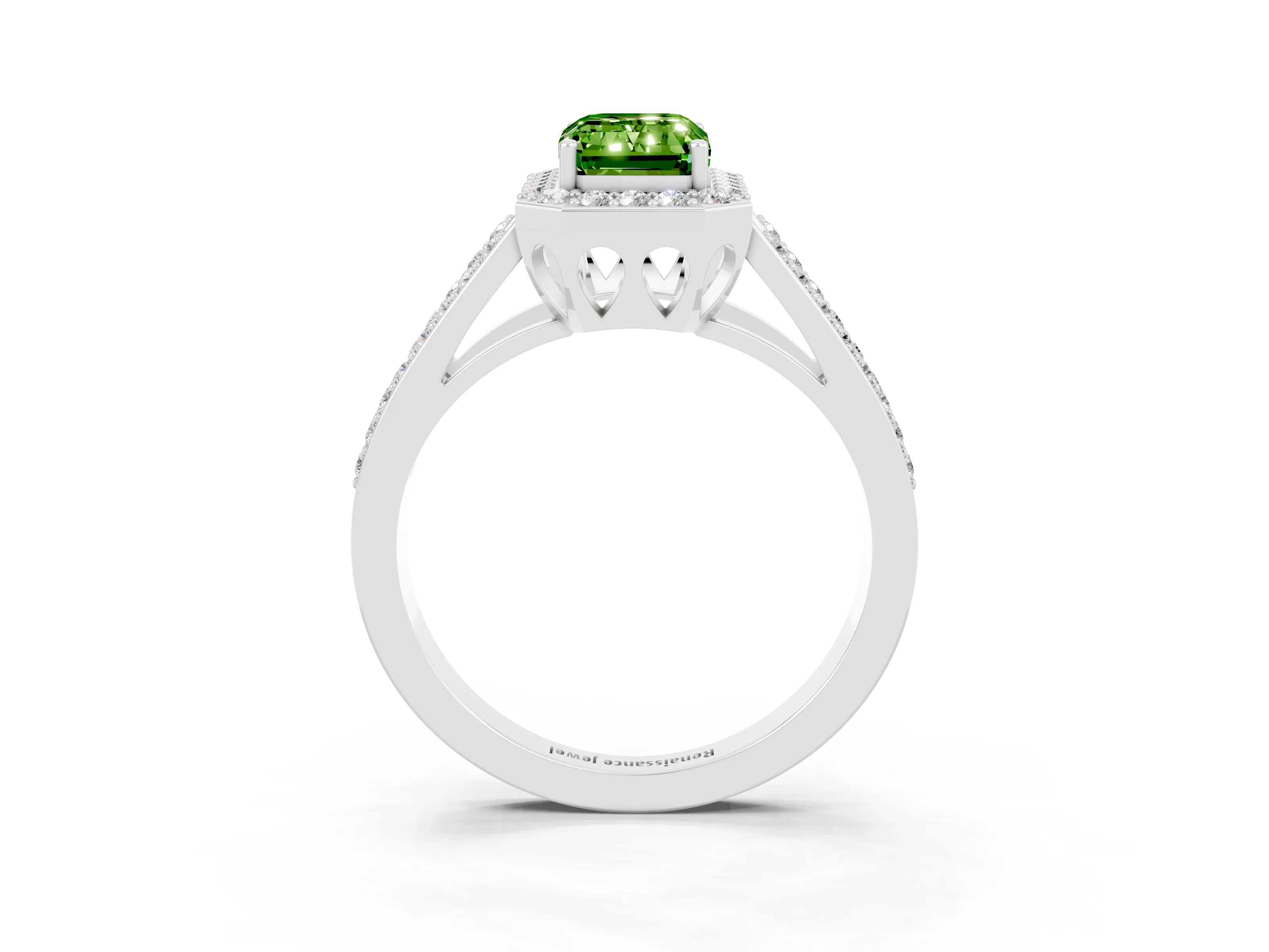 White gold Emerald Cut Peridot Halo Ring with Split Shank U-Prong Band and Four-Prong Setting_3