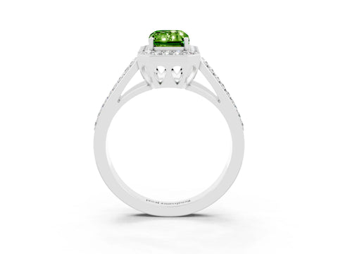 White gold Emerald Cut Peridot Halo Ring with Split Shank U-Prong Band and Four-Prong Setting_3
