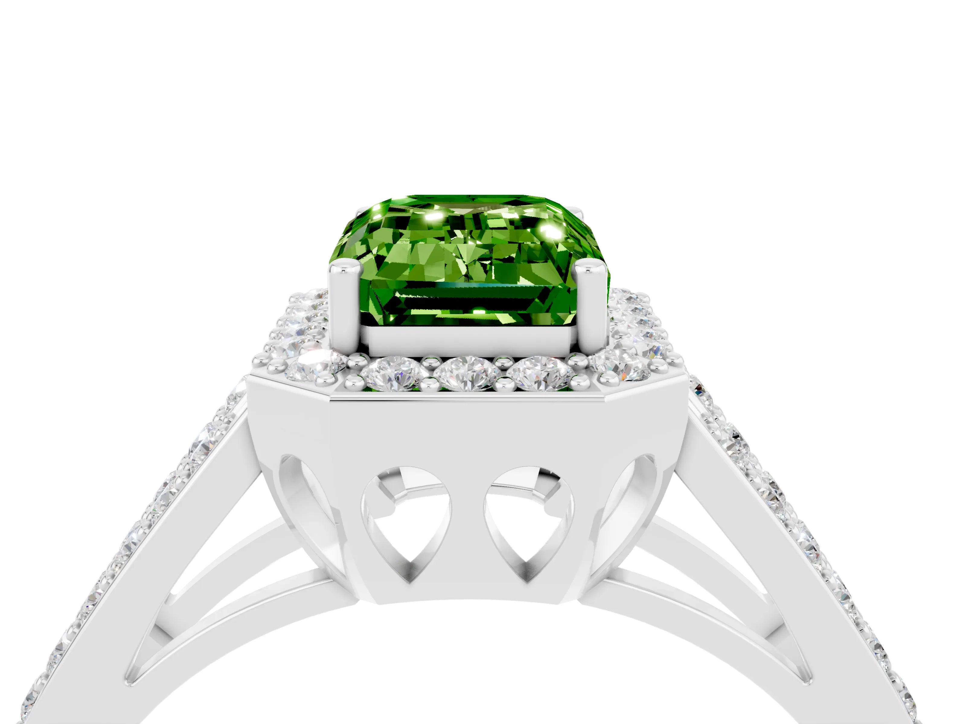 White gold Emerald Cut Peridot Halo Ring with Split Shank U-Prong Band and Four-Prong Setting_4