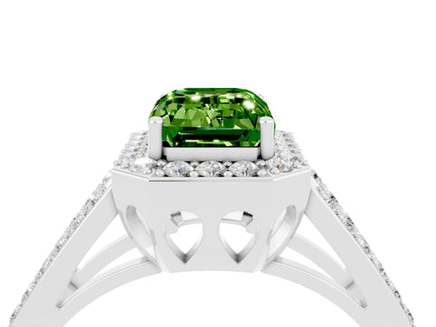 White gold Emerald Cut Peridot Halo Ring with Split Shank U-Prong Band and Four-Prong Setting_4