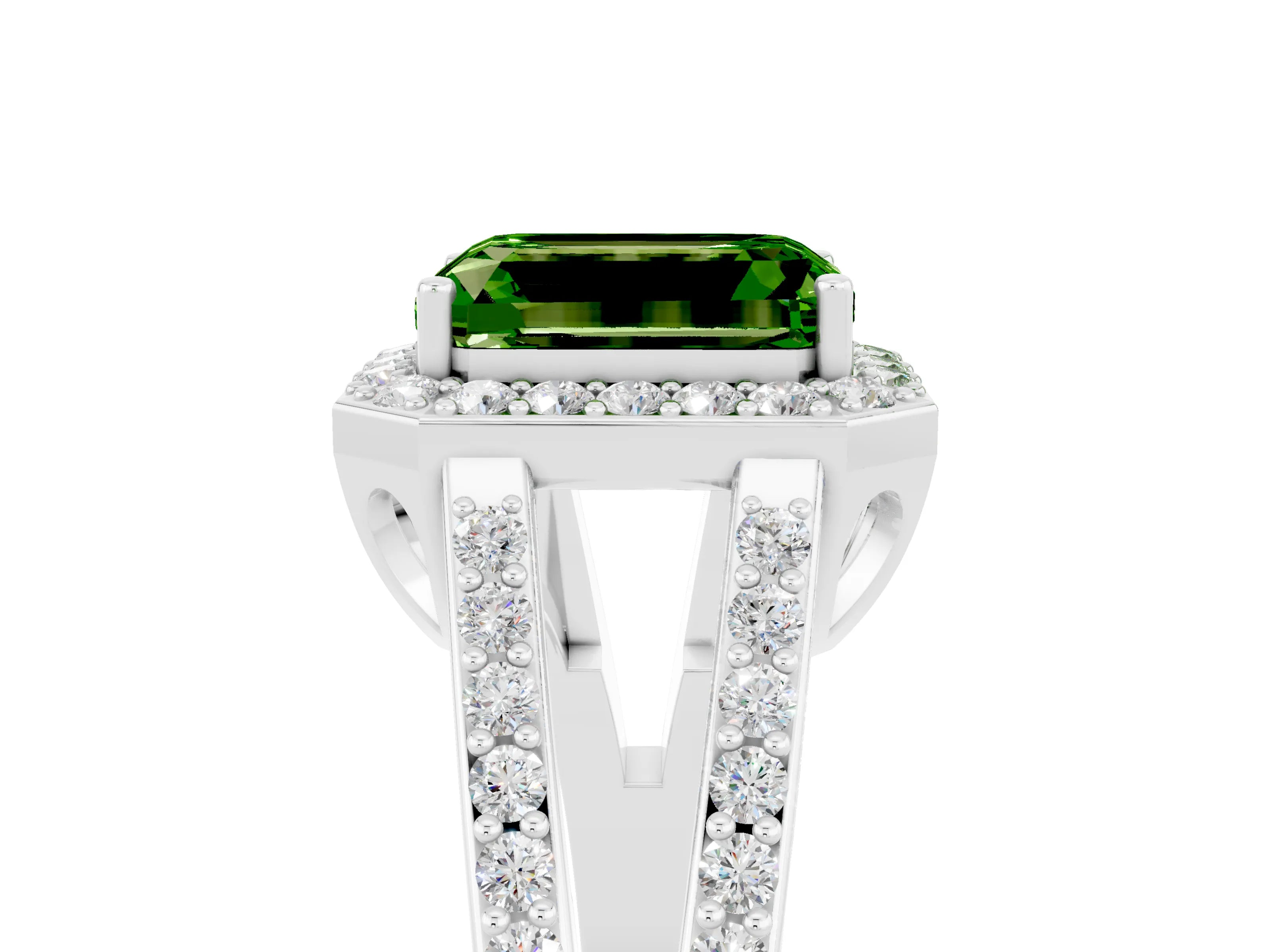 White gold Emerald Cut Peridot Halo Ring with Split Shank U-Prong Band and Four-Prong Setting_5
