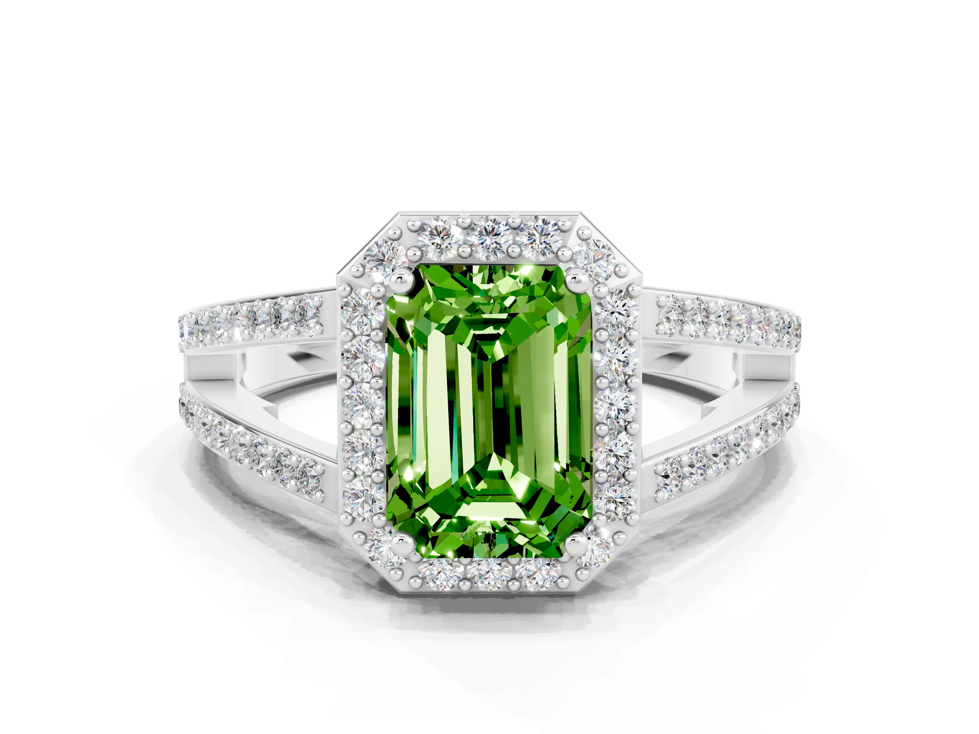 White gold Emerald Cut Peridot Halo Ring with Split Shank U-Prong Band and Four-Prong Setting