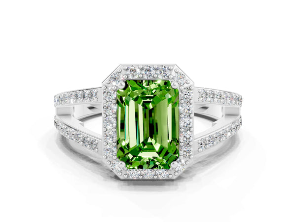 White gold Emerald Cut Peridot Halo Ring with Split Shank U-Prong Band and Four-Prong Setting