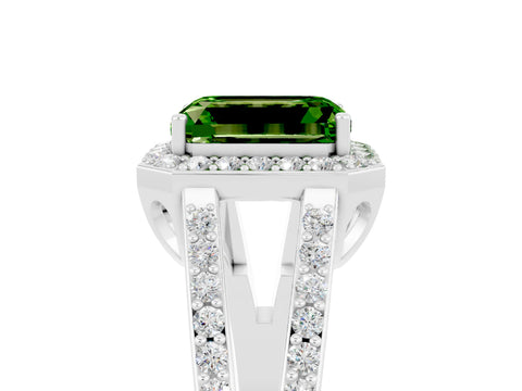 White gold Emerald Cut Peridot Halo Ring with Split Shank U-Prong Band and Four-Prong Setting_5