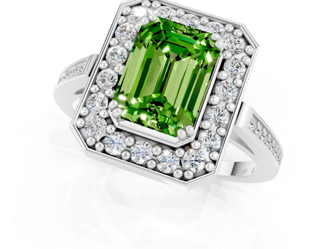 White gold Emerald Cut Peridot Halo Ring with Split Shank and Four-Prong Setting_13