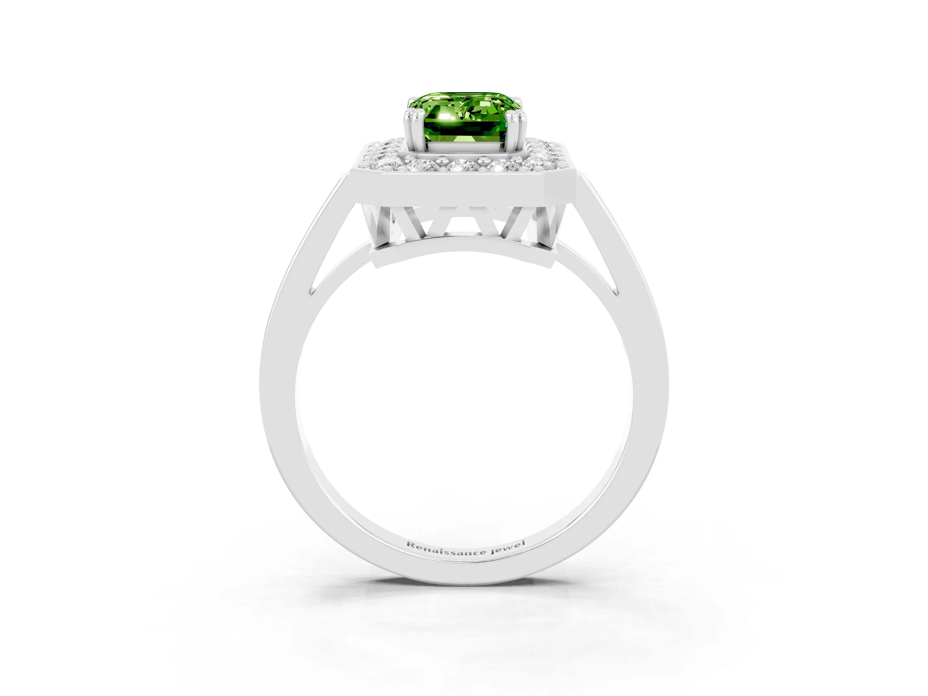 White gold Emerald Cut Peridot Halo Ring with Split Shank and Four-Prong Setting_15