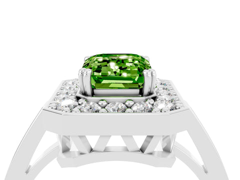White gold Emerald Cut Peridot Halo Ring with Split Shank and Four-Prong Setting_16