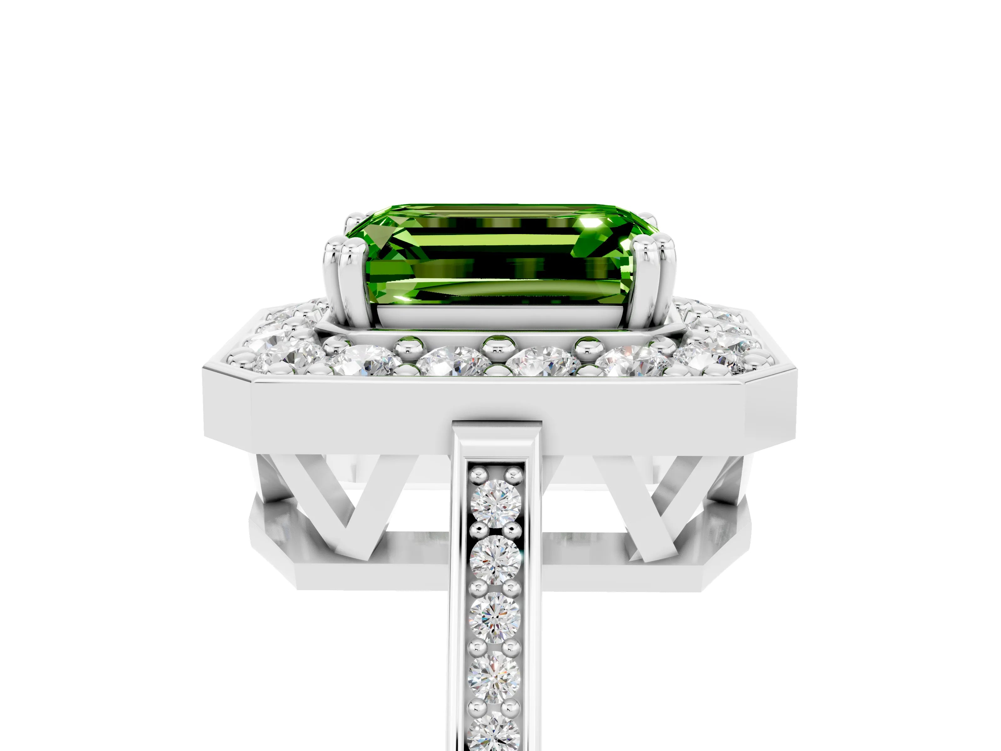White gold Emerald Cut Peridot Halo Ring with Split Shank and Four-Prong Setting_17