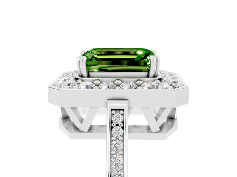 White gold Emerald Cut Peridot Halo Ring with Split Shank and Four-Prong Setting_17