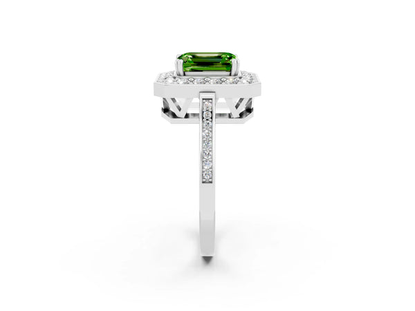 Platinum Emerald Cut Peridot Halo Ring with Split Shank and Four-Prong Setting