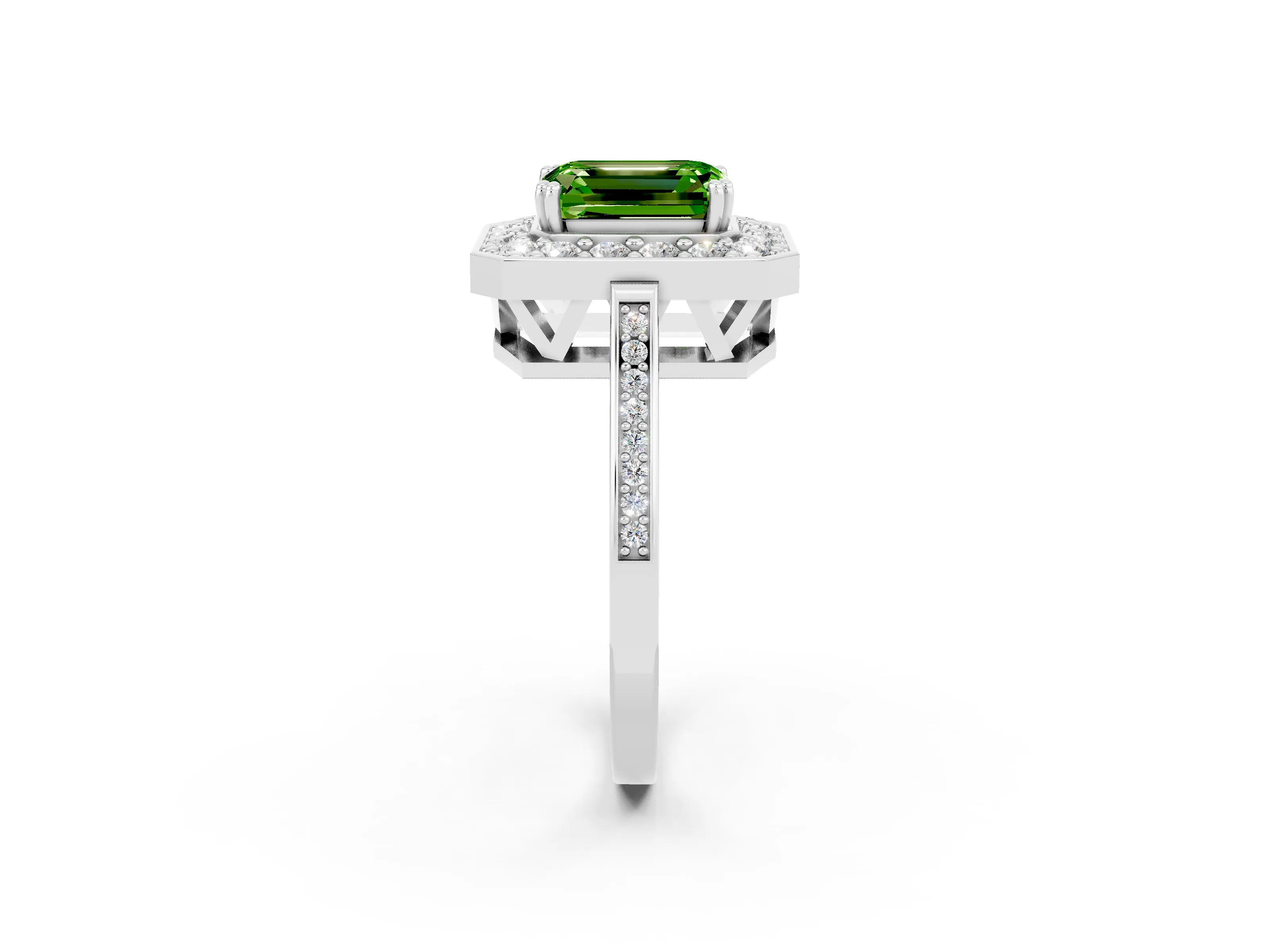 White gold Emerald Cut Peridot Halo Ring with Split Shank and Four-Prong Setting_2