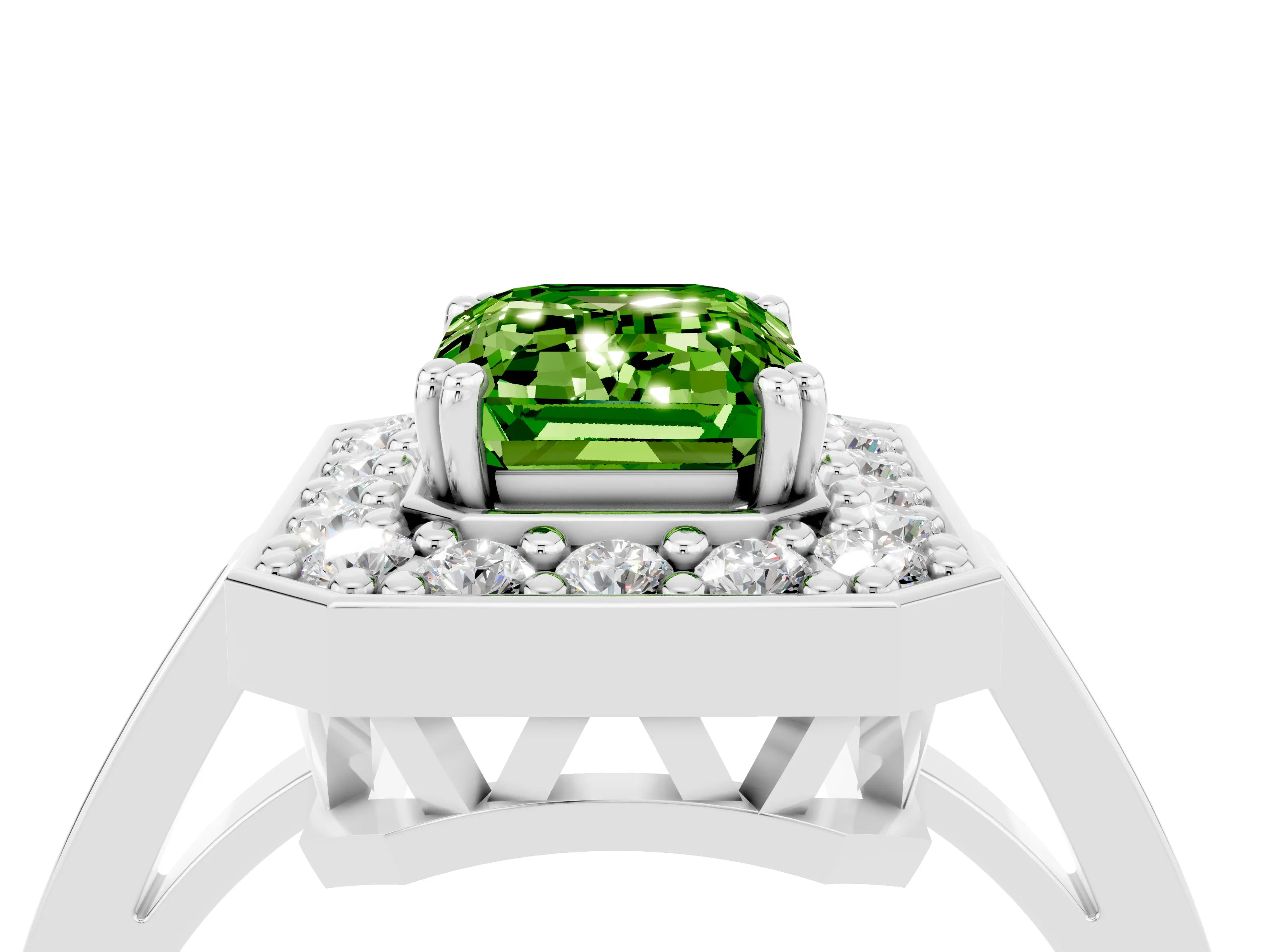 White gold Emerald Cut Peridot Halo Ring with Split Shank and Four-Prong Setting_4
