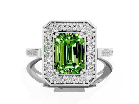 White gold Emerald Cut Peridot Halo Ring with Split Shank and Four-Prong Setting