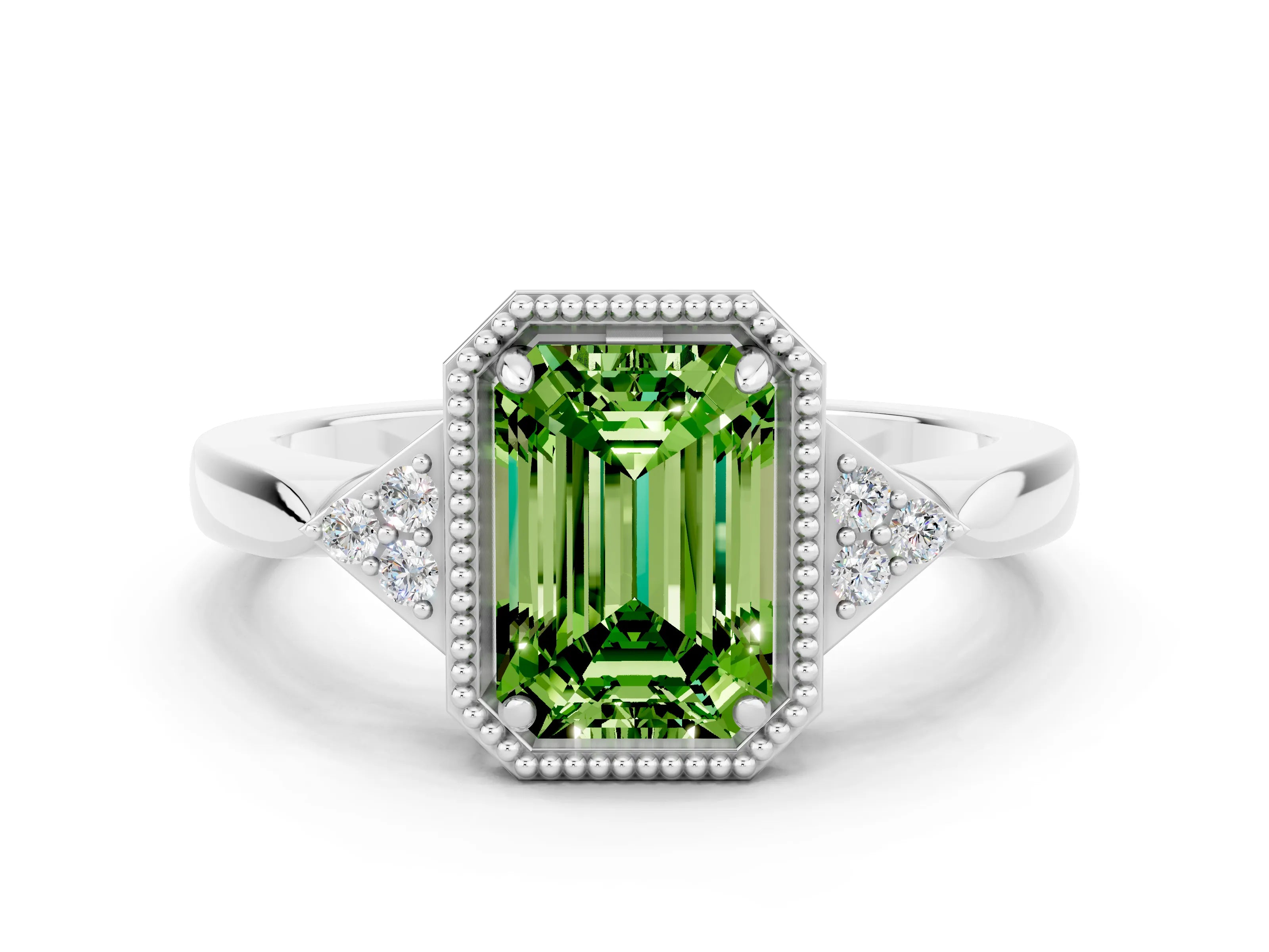 White gold Emerald Cut Peridot Halo Ring with Tapered Band and Four-Prong Setting