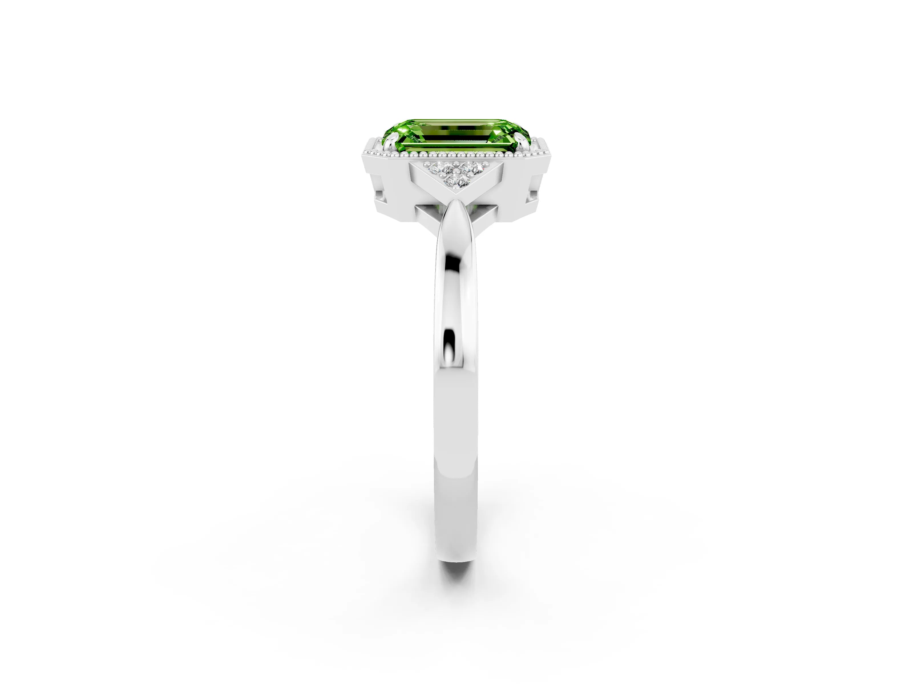 White gold Emerald Cut Peridot Halo Ring with Tapered Band and Four-Prong Setting_2