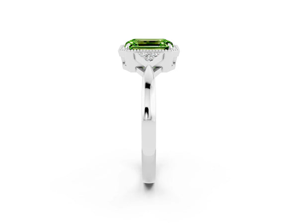Silver Emerald Cut Peridot Halo Ring with Tapered Band and Four-Prong Setting