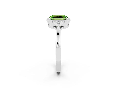 White gold Emerald Cut Peridot Halo Ring with Tapered Band and Four-Prong Setting_2