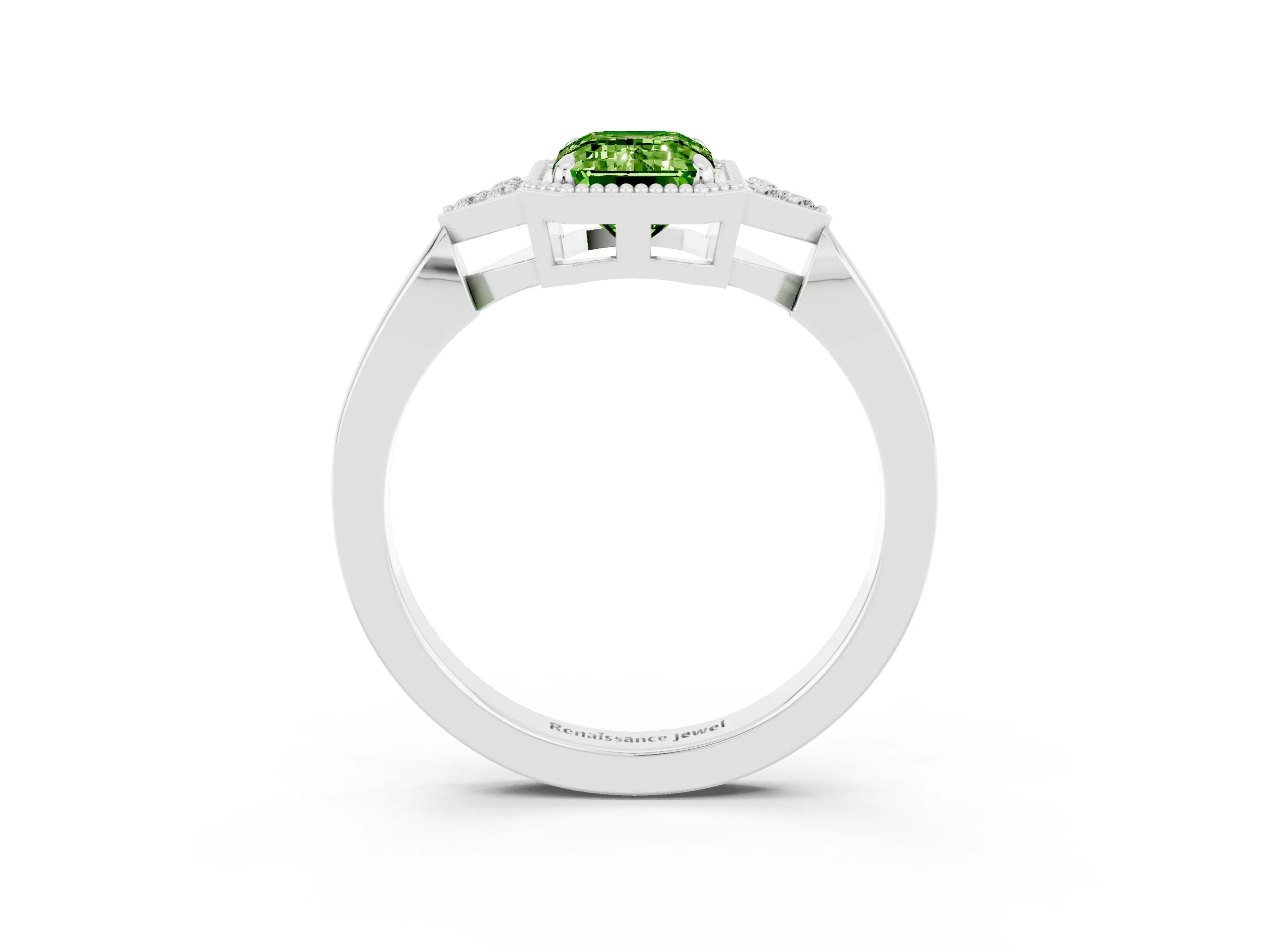 White gold Emerald Cut Peridot Halo Ring with Tapered Band and Four-Prong Setting_3