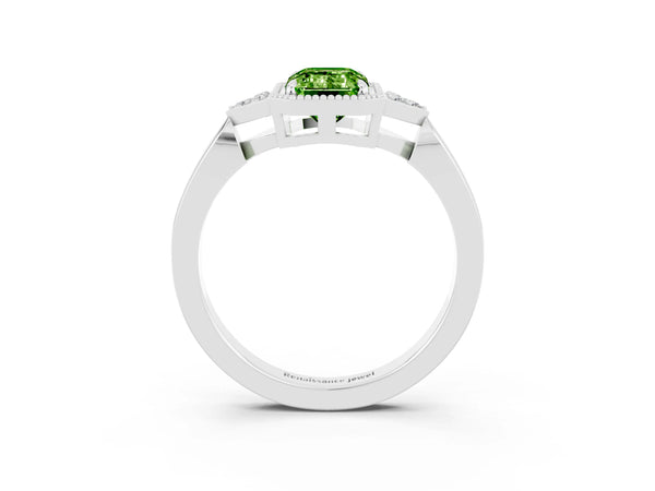 White gold Emerald Cut Peridot Halo Ring with Tapered Band and Four-Prong Setting