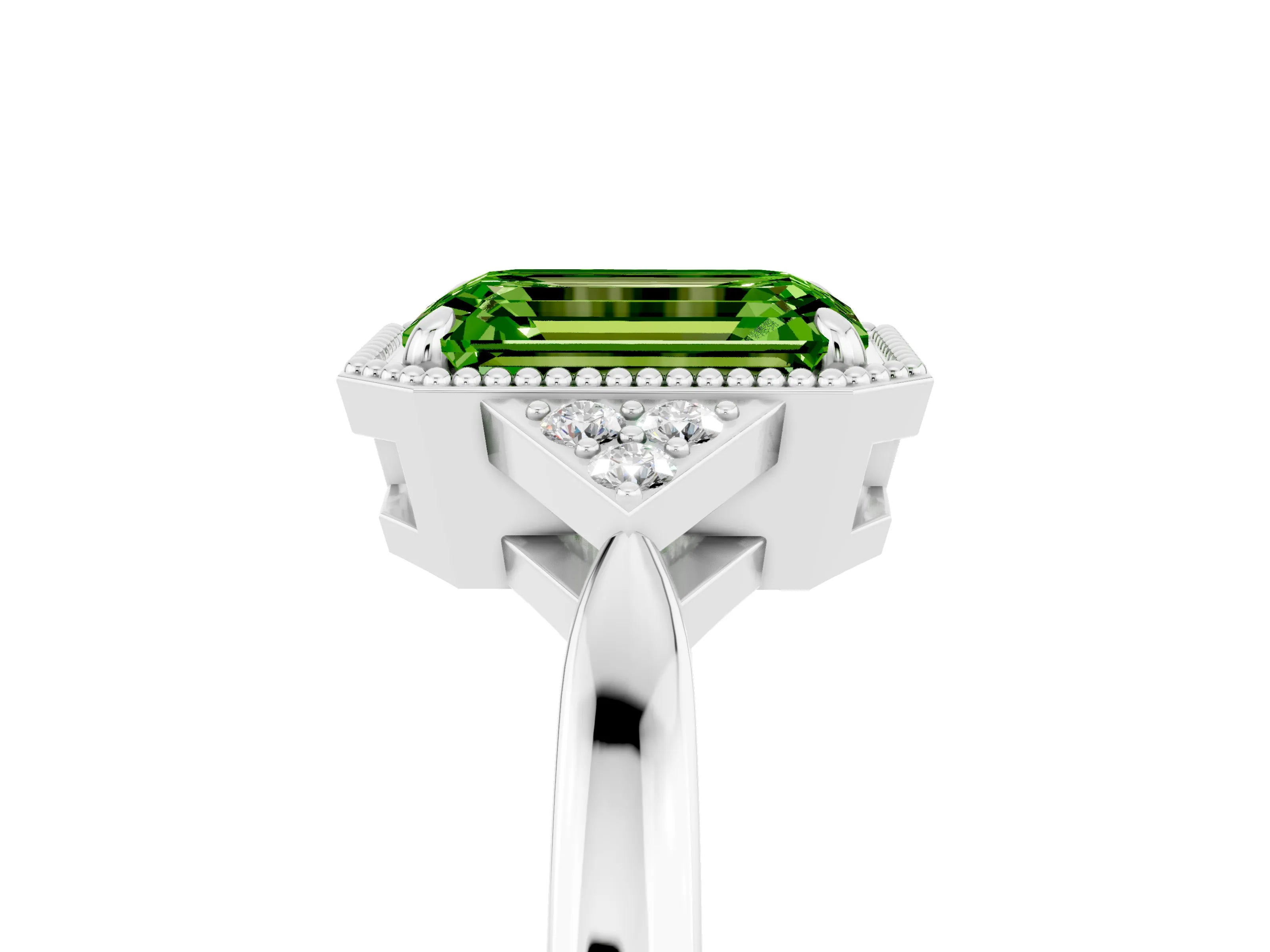 White gold Emerald Cut Peridot Halo Ring with Tapered Band and Four-Prong Setting_5