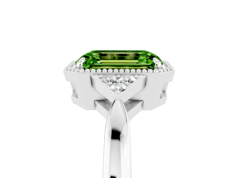 White gold Emerald Cut Peridot Halo Ring with Tapered Band and Four-Prong Setting_5