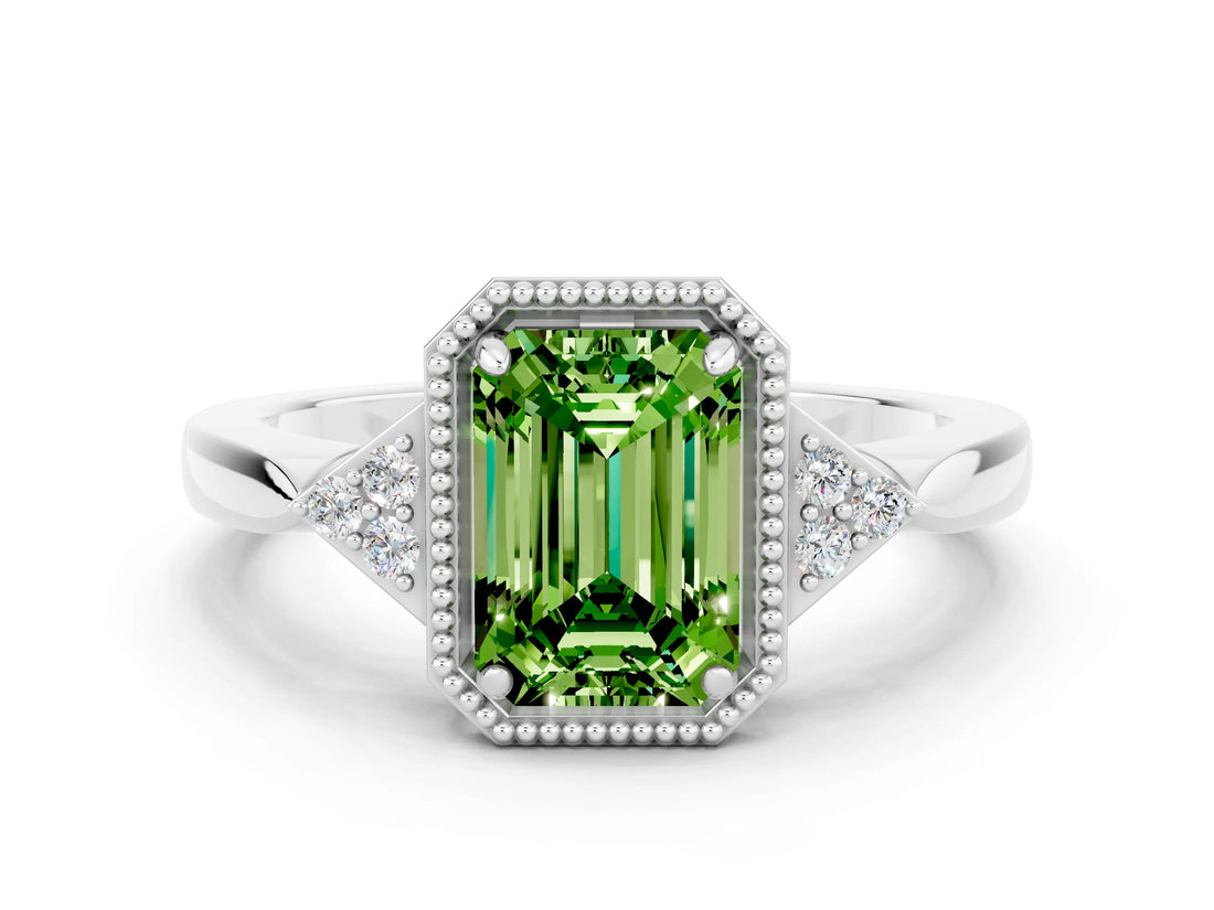 White gold Emerald Cut Peridot Halo Ring with Tapered Band and Four-Prong Setting