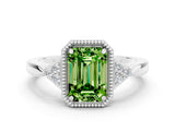 White gold Emerald Cut Peridot Halo Ring with Tapered Band and Four-Prong Setting