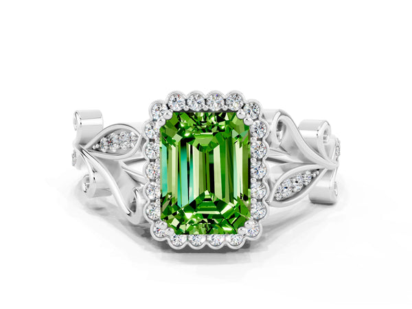 White gold Emerald Cut Peridot Halo Ring with Vintage Split Shank and Four-Prong Setting